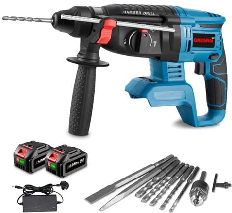 ONEVAN Trapano a Percussione a Batteria Brushless SDS-Plus, 2.1J Martello Perforatore Demolitore Leggero,Incl. 2 Batterie 4.0Ah e Kit 10 Punte,Ideale per Foratura e Demolizione su Cemento e Muratura