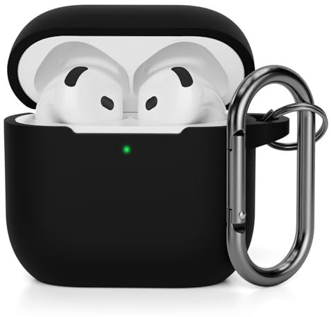 AOTUAO Compatible with AirPods 4 Case Cover, Shockproof Drop Protection Scratch Resistant Silicone Case Cover for AirPods 4th Generation (2024) (USB-C) with Carabiner, Front LED Visible, Black