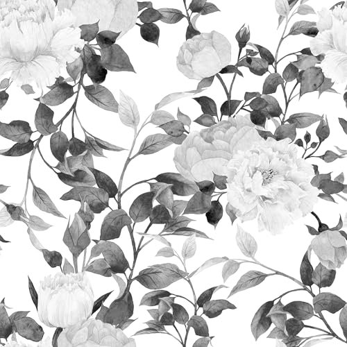 SOEWIOU Floral Peel and Stick Floral Wallpaper,44.5×300cm Black and White Floral Wallpaper,Light Background Wallpaper,Bedroom Bathroom Biving Room Cabinet Waterproof Self Adhesive Wallpaper