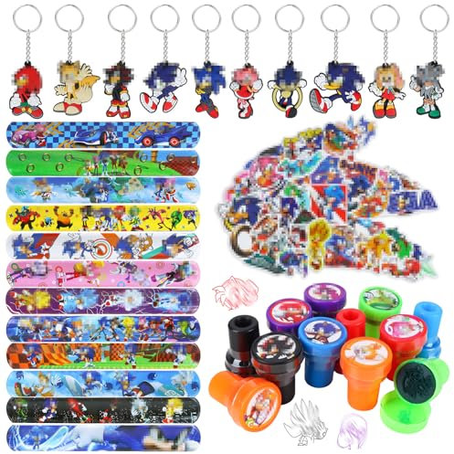 Soni Regalos para Fiestas de Cumpleaños, 84 Pcs Soni Party Favors Hedge-hog, 12 Pulsera Bofetada, 12 Soni Sellos, 50 Pegatinas, 10 Llavero, Soni Regalos de Cumpleaños para Niños