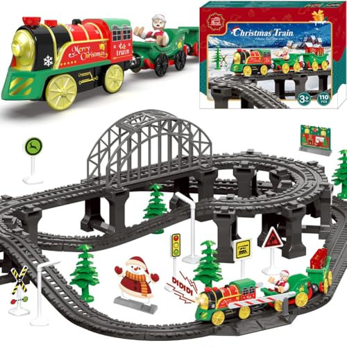 Weihnachtszug-Set für Kleinkinder, Elektrisches Zugspielzeug für Holzschienen, Batteriebetriebener Spielzeugzug mit Musik & Beleuchtung, Motorisierter Zug kompatibel mit Brio, Thomas & Seine Freunde