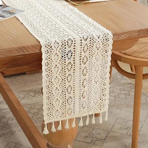 Dewocke Gehäkelte Tischläufer 30x180 cm, Tischläufer aus Baumwolle, mit Troddeln, Makramee Design, Boho Tischdekoration für Hochzeit, Party, Küche, Deko - Beige