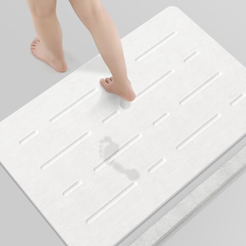 OTHWAY Large Stone Bath Mat, 32x 20 Diatomaceous Earth Bath Mat for Bathroom Quick Drying Absorbing, Long Non-Slip Diatomite Hard Stone Shower Mat Instant Dry(White Grey)