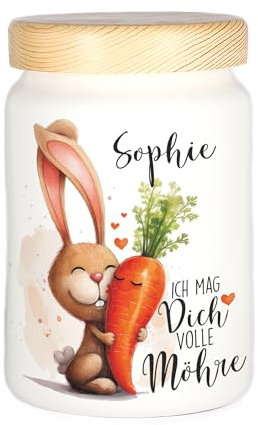 Herz & Heim® Personalisierte Vorratsdose aus Keramik – „Ich mag Dich volle Möhre“ – Aufbewahrungsdose mit Holzdeckel – Geschenk für Ostern, Partner & Freunde – Hasenmotiv mit Wunschname
