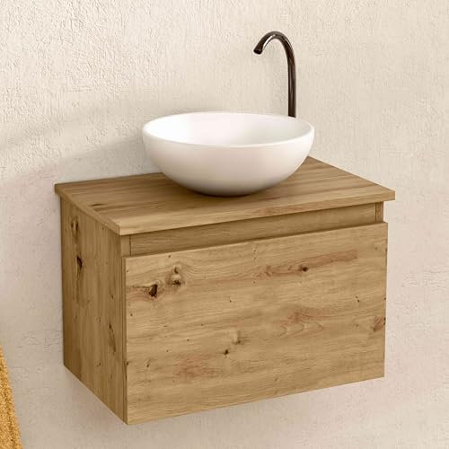 BELLOBATH - Mueble Baño Suspendido con Lavabo de Cerámica Redondo, Mueble Baño con Lavabo Montado con 1 Cajón, 49,5 x 32 x 30 cm, Mueble Roble