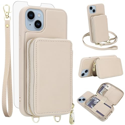 Phone Case for iPhone 14 Plus/15 Plus 6.7 inch Wallet Cell Cover with Tempered Glass Screen Protector Crossbody Strap RFID Blocking Card Holder i-Phone 14+ i Phone15 15+ 14Plus 15Plus 5G Women Beige