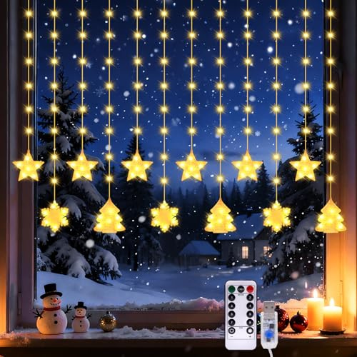 BomKra Lichterkette Stern Fenster Weihnachtsdeko, 3.5M 180LED Fenster Lichtervorhang mit USB Betrieben Fernbedienung Timer, Wasserdichte Weihnachtsbeleuchtung für Innen Außen Weihnachtsdeko