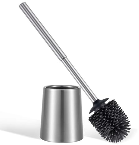 SOPRANNOMIN SUS304 Stainless Steel Toilet Brush and Holder Silicone Bathroom Brush TPE Brush Head Toilet Cleaner for Bowl Bathroom Cleaning Brush Caddy with Oily Coating Brushed Silver