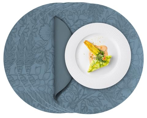 ToVioc Tovagliette Americane Lavabili Rotonde Pelle, Sottopiatti Rotondi Eleganti per Cucina, Ristorante & Ufficio, Tovaglietta Americana in Design Floreale (34 cm Ø, Set di 4) - Azzurro