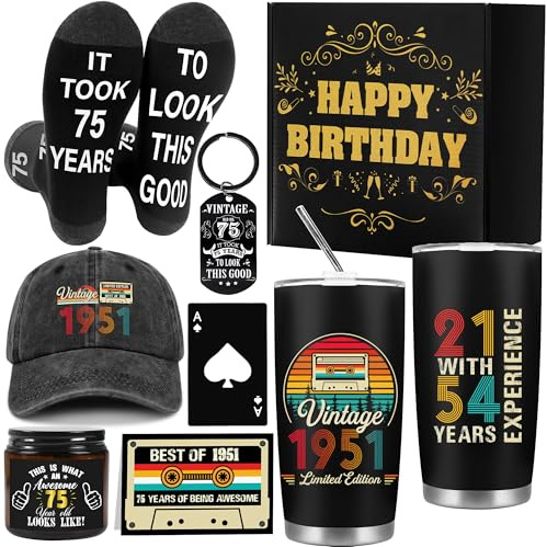 GalaVee 75th Birthday Gifts for Men | 1951 Birthday Gift Box 20oz Tumbler, Socks, Keychain, Card, Baseball Cap, Scented Candle, Bottle Opener - Gift Husband, Dad