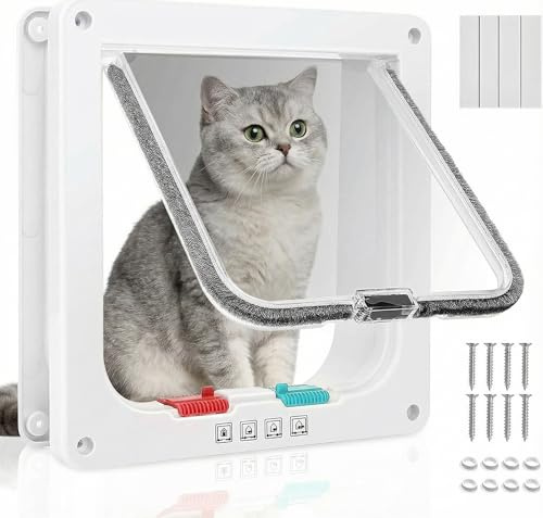 Porta per gatti di grandi dimensioni, 28 x 25 cm, chiusura a quattro vie, montaggio a parete, adatta sia per uso interno che esterno, per gatti e cani di piccola taglia