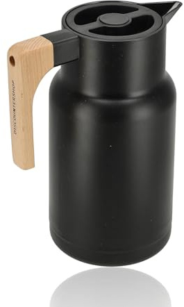Thermoskanne 1 Liter mit Holzgriff - Doppelwandige Isolierkanne für Kaffee, Tee, Suppe und Warmwasser – Kaffeekanne/Thermosflasche für Küchenzubehör und Gastronomie