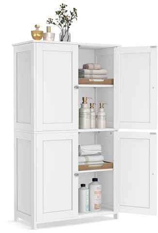 VASAGLE Badezimmerschrank im Shaker-Stil, 4 Türen, 2 verstellbare Ablagen | Badschrank, Hochschrank, für Küche, Wolkenweiß, SIREN Kollektion BBC553WH01