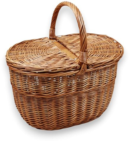 KORAT - Cestino Picnic in Vimini con Coperchio Doppio Apribile, Cesto Porta Funghi e Picnic, Manico Robusto, Vimini Naturale, 40x32x37 cm