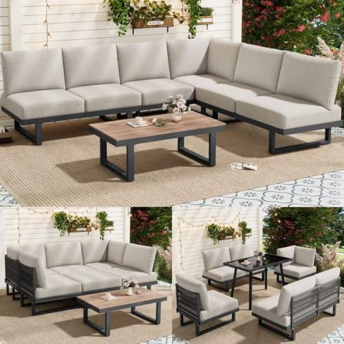 Yihomfy Salon de Jardin Exterieur Modulable 6 Personnes avec Table en Verre, Convertible en Lit, Acier Galvanisé, Coussin Épais 14 cm, pour Jardin Terrasse Salon (Kaki + Gris, 6 Places)