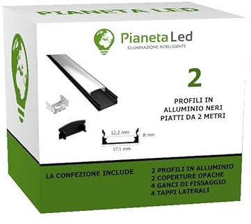 2x Profili in Alluminio Nero da 2 mt (4 mt) TL1205 per Strisce a Led con Cover Opaca tappi e ganci di montaggio inclusi