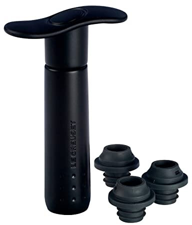 LE CREUSET WA 137 Set con Pompetta per Vino e Tappi Assortiti, Conservazione del Vino, Plastica, Nero