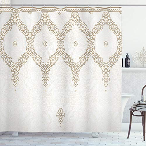 ABAKUHAUS marokkanisch Duschvorhang, Eastern Element Creme, Stoffliches Gewebe Badezimmerdekorationsset mit Haken, 175 x 220 cm, Weiß Umber Kamel