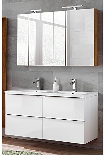 Lomadox Komplett Badmöbel Set in Hochglanz weiß mit Doppel-Waschtisch 120cm aus Keramik 120cm, und 2 Spiegelschränken Breite 120cm