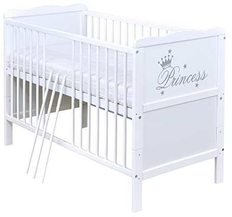 Baby Delux Babybett Kinderbett umbaubar zum Juniorbett 140x70 weiß Jack Princess Motiv Matratze