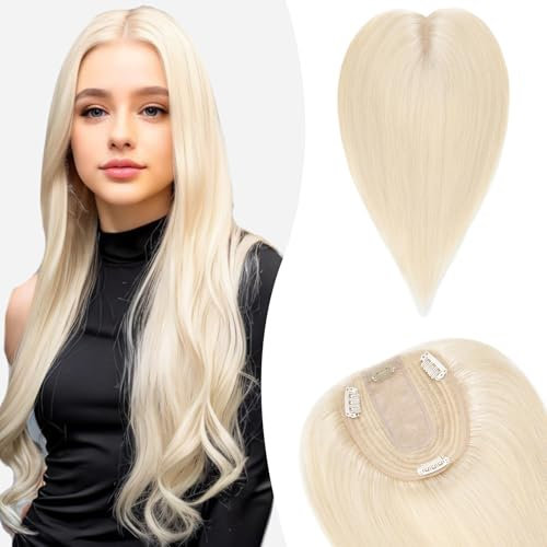 Silk-co Hair Topper Echthaar, 10x12cm Basis Toupet Damen, Haartopper Echthaar mit Remy Seide Basis, Haar Topper Clip in Haarteil Extensions, 40cm60# Platinblond