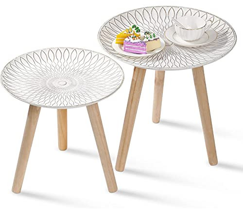 JUJOYBD Beistelltisch Rund 2er Set - Kleine Couchtische Holz - Dreibeiner Sofatisch Set - Satztische fürs Wohnzimmer Schlafzimmer Balkon - Boho Stil in Shabby weiß - D 35 und 40 cm