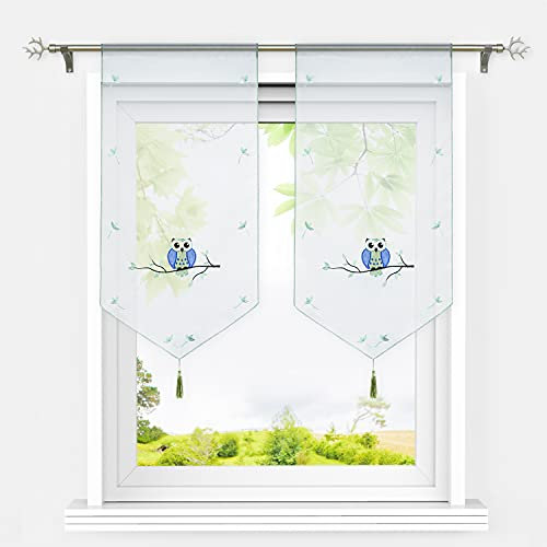 HeichkelL Voile Scheibengardinen Eule Muster Transparente Bestickte Bistrogardine mit Quaste Fenster Gardinen Tunnelzug Panneaux Kurzstores Grün BxH 40x60 cm 2 Stück