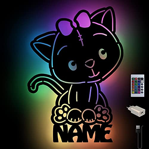 Katze Farbwechsel Wand-Lampe Nachtlicht Baby-Geschenke mit Namen Schlummerlicht Holz Deko für Kinder I USB + Fernbedienung