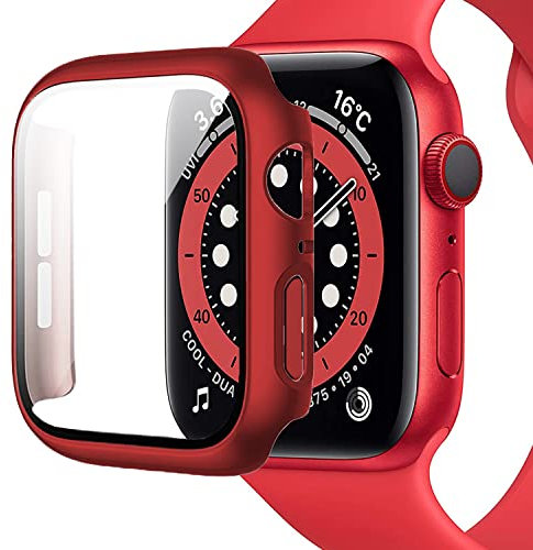 Miimall Cover per Apple Watch 6/SE/5/4 44mm Custodia Rigida+Vetro Temperato Protezione Totale AntiGraffio Sensibile PC Custodia Protettiva per iWatch 44mm-Rosso