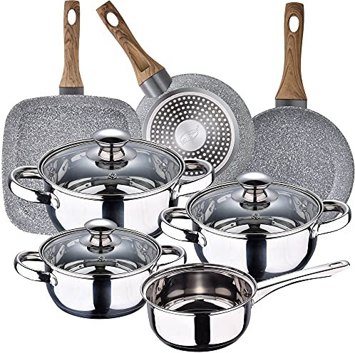 Bateria de cocina 7 piezas SAN IGNACIO Faro, acero inoxidable, con juego sartenes (18/22 cm) y grill 28x28 cm SAN IGNACIO Daimiel en aluminio forjado