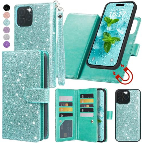 Varikke iPhone 13 Pro Case Wallet, Mint Glitter PU Leather Flip Wallet Case with 9 Card Holder, Detachable Magnetic Back Cover & Kickstand Strap