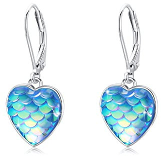 Herz Ohrringe Hängend 925 Sterling Silber Meerjungfrau Herz Leverback Brisur Ohrringe für Mädchen Damen Kinder (Blau)