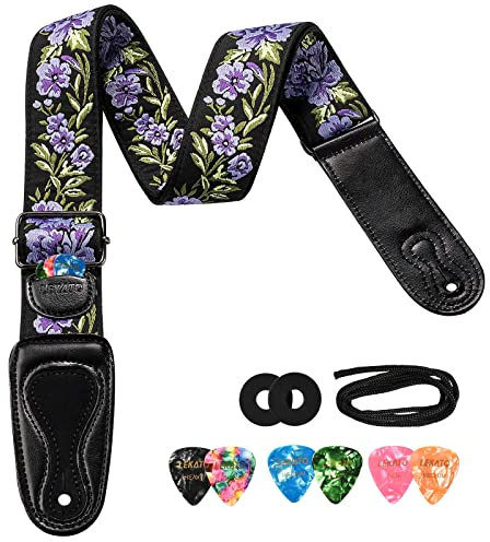LEKATO Tracolla per chitarra acustica elettrica Cintura per chitarra con 6 plettri per chitarra e 2 chiusure per cinghie, motivo floreale per chitarre acustiche ed elettriche, Viola