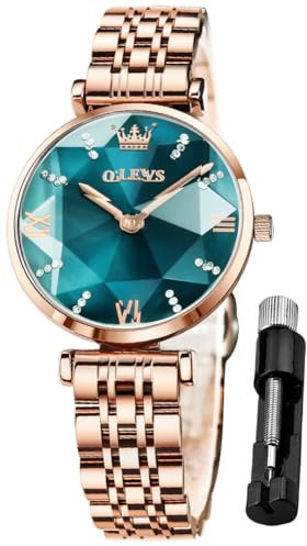 OLEVS Damenuhren Analog Quarz Armbanduhren mit Diamant Grün Kleines Gesicht Gold Edelstahlband wasserdichte Uhr