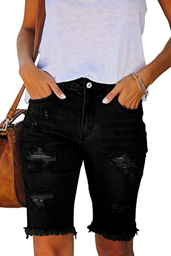 Ancapelion Damen Casual Denim Shorts Mid Waist Bermuda Jeans Shorts Raw Hem Ripped Hole Jeans mit Taschen, Ber-schwarz, L