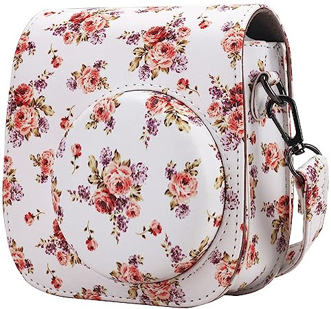 QIYWFA Instant Kamera Schützend Fall Kompatibel mit Fujifilm Instax Mini 12/11/9/8/8+ Instan Kamera Sanft PU Leder Tasche mit Tasche und Abnehmbarer Schultergurt(White Rose)