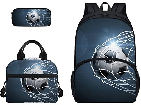 Poceacles Soccer Print Cool Student Backpack with Water Bottle Holder Large Capacity Book Bag Backpack with Lunch Bags Portable Pencil Case Set 3PCS