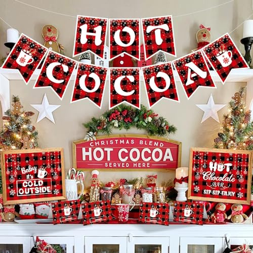 Kit de décoration de barre de cacao chaud en forme de flocon de neige - Bannière de bar à chocolat chaud de Noël, panneaux de table, étiquettes de tasse, autocollants pour hiver, anniversaire, Noël,