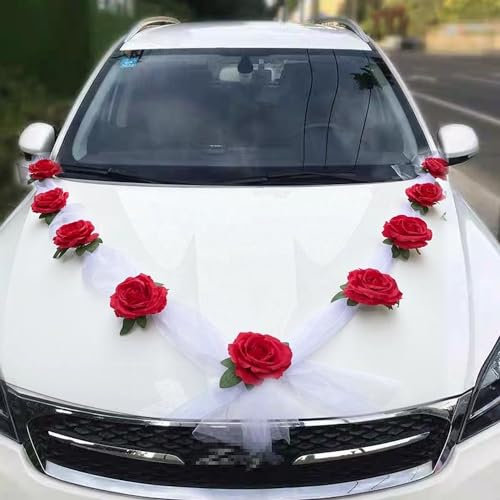 Autoschmuck - Kit de décoration de voiture de mariage - Guirlande florale - En gaze rouge et blanc - Avec 9 roses - 2 x 1,6 m de long