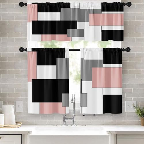 Tayney Rosa Küchenvorhänge, schwarz-grau, Fenstervorhänge, Volant und Etagen-Set, 91,4 cm, weiß, moderne Stangentasche, kurze Etagen Vorhang für Badezimmer, abstrakte Kunst, kleine Café-Vorhänge für