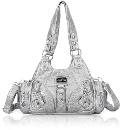 Angel Kiss Kleine Hobo-Umhängetaschen für Damen, Vagen, Leder, mehrere Taschen, Tragetasche mit Reißverschluss, silber