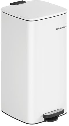 SONGMICS Mülleimer Küche, 30 Liter Abfalleimer, Tretmülleimer, Stahl, mit Inneneimer, Softclose, Offenhaltefunktion, wolkenweiß LTB593W02