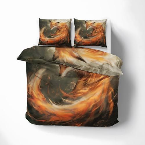 MOBEITI Fuchs Bettwäsche 200x220, Fantasy Wendebettwäsche, Weiche Kuschelige Mikrofaser Bettbezug Set 3teilig, 2 Kissenbezug 80x80, mit Reißverschluss -MO&220