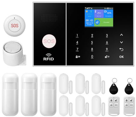 XNY Allarme Casa Wifi, Antifurto Casa Wireless, Kit Allarme Casa Senza Fili 2G con APP Alert, Rilevatore di Movimento, Sensore Finestra Porta, Telecomando, Sirena (PG-108-2G-D)