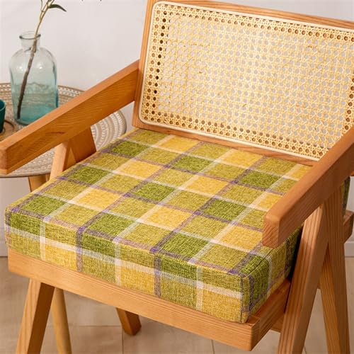 Reyox Quadratisch Sitzkissen für Indoor, Rutschfestes Stuhlkissen mit Waschbares Bezug aus Baumwollleinen 5 cm Dick Kariert Grün 40 x 40 cm