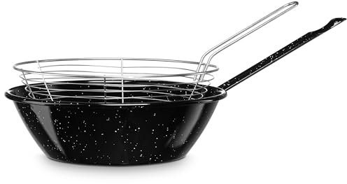 briebe Sartén Freidora con Cestillo Inducción 28 cm Acero Esmaltado, Sartén Honda Bordonada 4,3 L, Apta Vitrocerámica, Fuego, Gas, Horno, Levante Negro Jaspeado