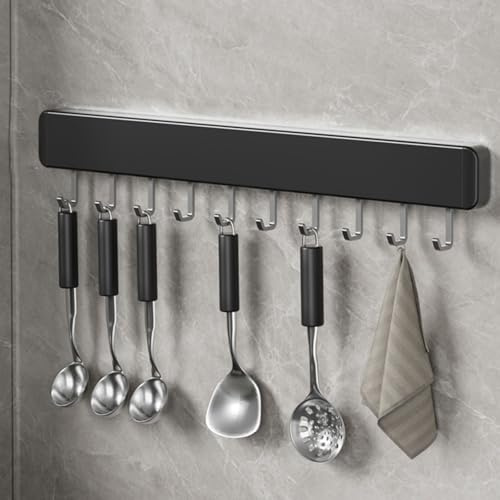 Kitchen Utensil Hanger Wall Mounted Hooks, No Drilling Removable and Adjustable Hooks Kitchen Rail with 8 Hooks for Hanging Cooking Utensils, Mugs, Spoons (12 Hooks)