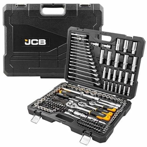 JCB 218-teiliges Steckschlüssel- und Werkzeug-Set, 3/8 Zoll, 1/4 Zoll und 1/2 Zoll Stecknüsse, Bits, Schraubenschlüssel und Zubehör für verschiedene schwere mechanische und Wartungszwecke
