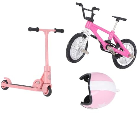 Puppenhaus Fahrrad Roller Set mit Helm,1:12 Fahrrad Roller Helm Modell Miniatur Realistische Modell Puppenhaus Dekorationen (Rosa)