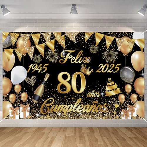Pancarta Feliz Cumpleaños 80 Anos 1945-2025, Seutgjie Happy Birthday Decoracion para Mujer Hombre para Fiesta Cumpleaños 80 Oro Negro 180 x 110 cm